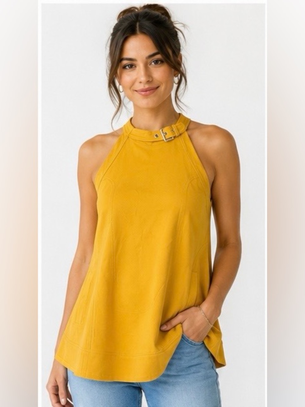 Mustard Yellow Flowy Swing Top with Buckle Detail & Side Pockets NWT